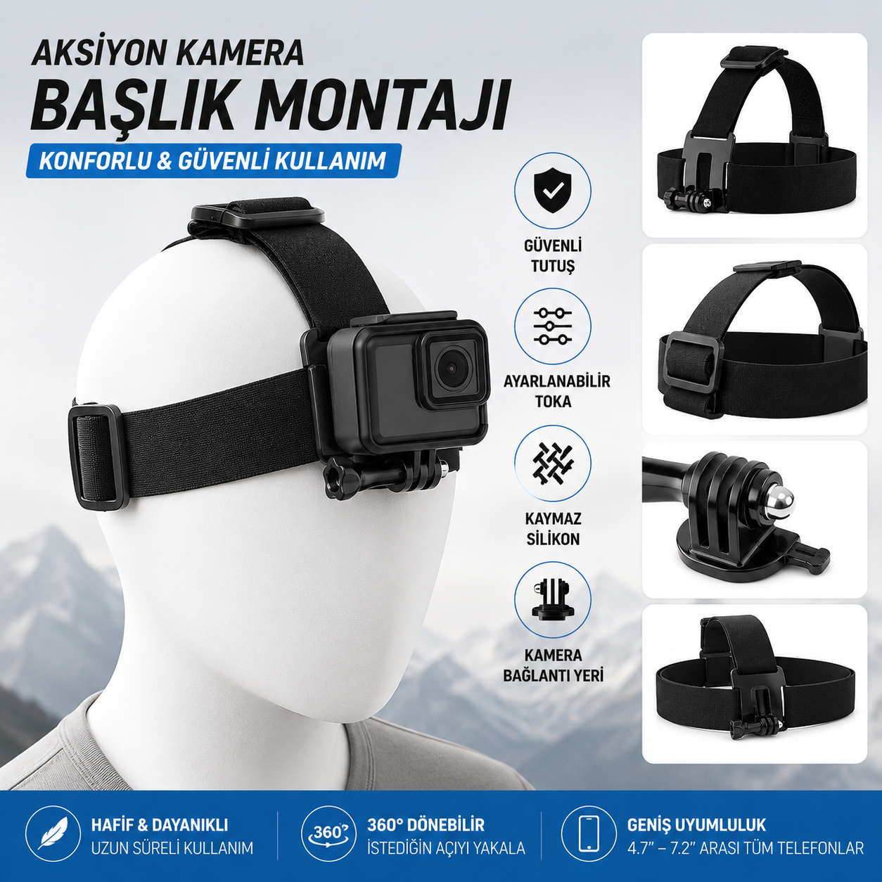 Aksiyon Kamera ve Telefon Uyumlu Kafa Bandı Montaj Aparatı – Ayarlanabilir Elastik Başlık Kayışı
